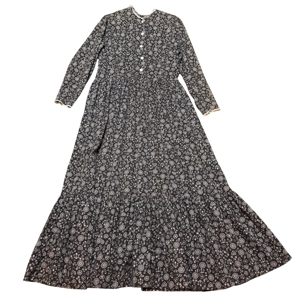 Vintage Prairie Maxi Dress Black White Folk Art Heart Print Lace Trim Button Up